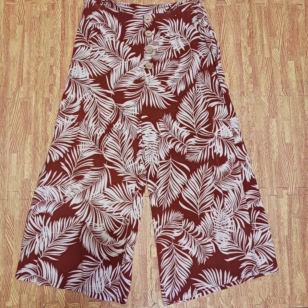 Primark Rust Tan Tropical Leaf Print Wide-Leg Palazzo Gaucho Pants Size 6